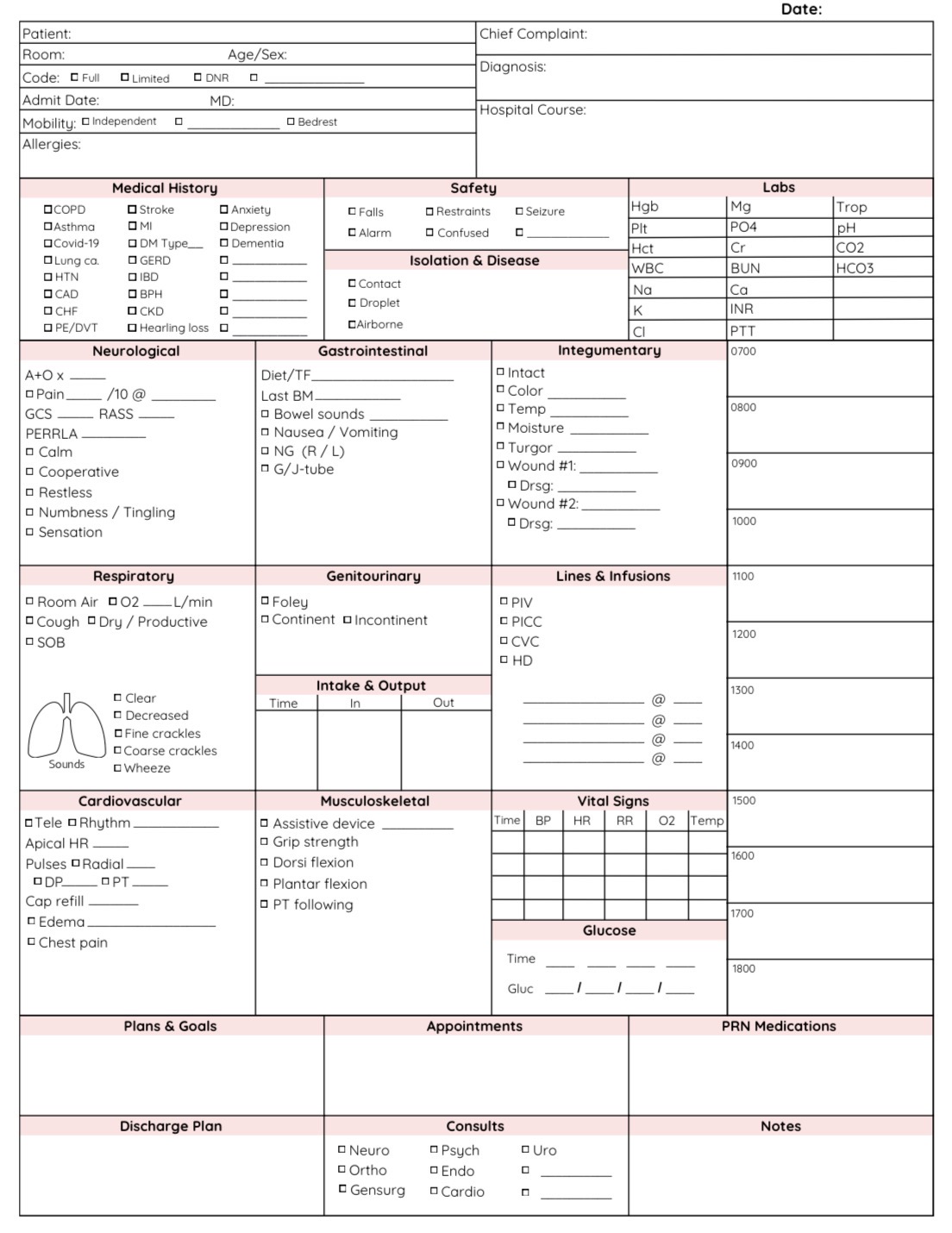 Complete Version — Pink — printable nurse patient report sheet preview