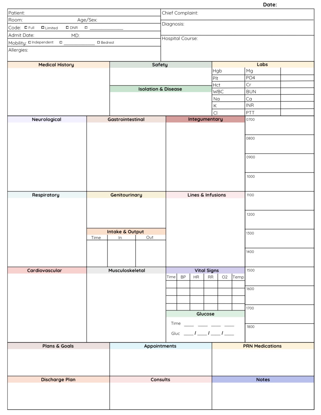Simple Version — Color — printable nurse patient report sheet preview