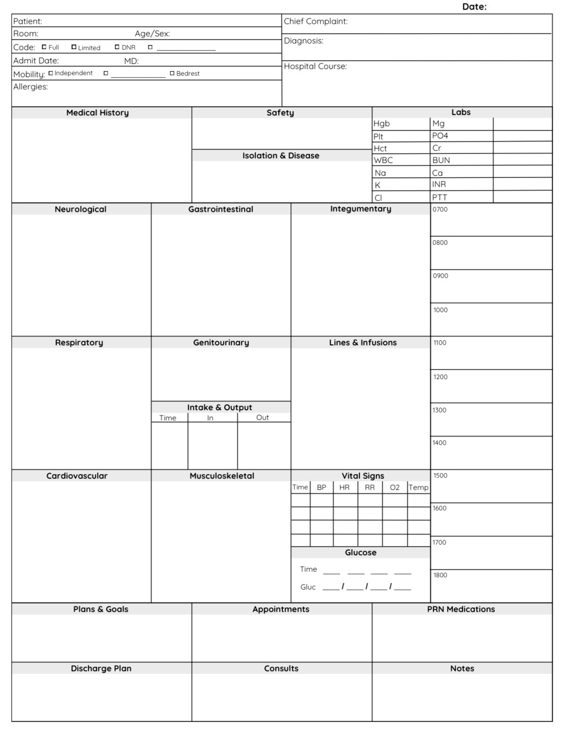 Simple Version — Black & White — printable nurse patient report sheet preview